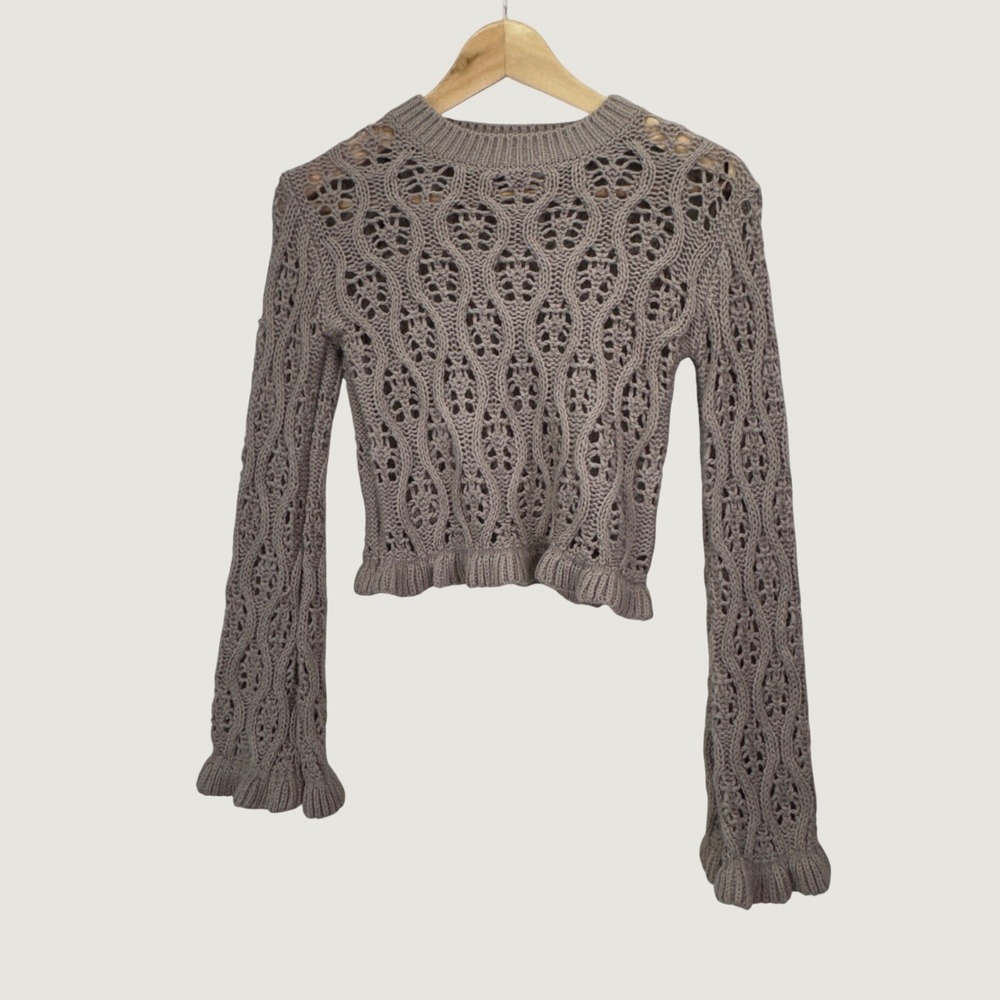 H&M Divided Crochet Knit‎ Sweater XXS Taupe Boho Open Weave Crop Top